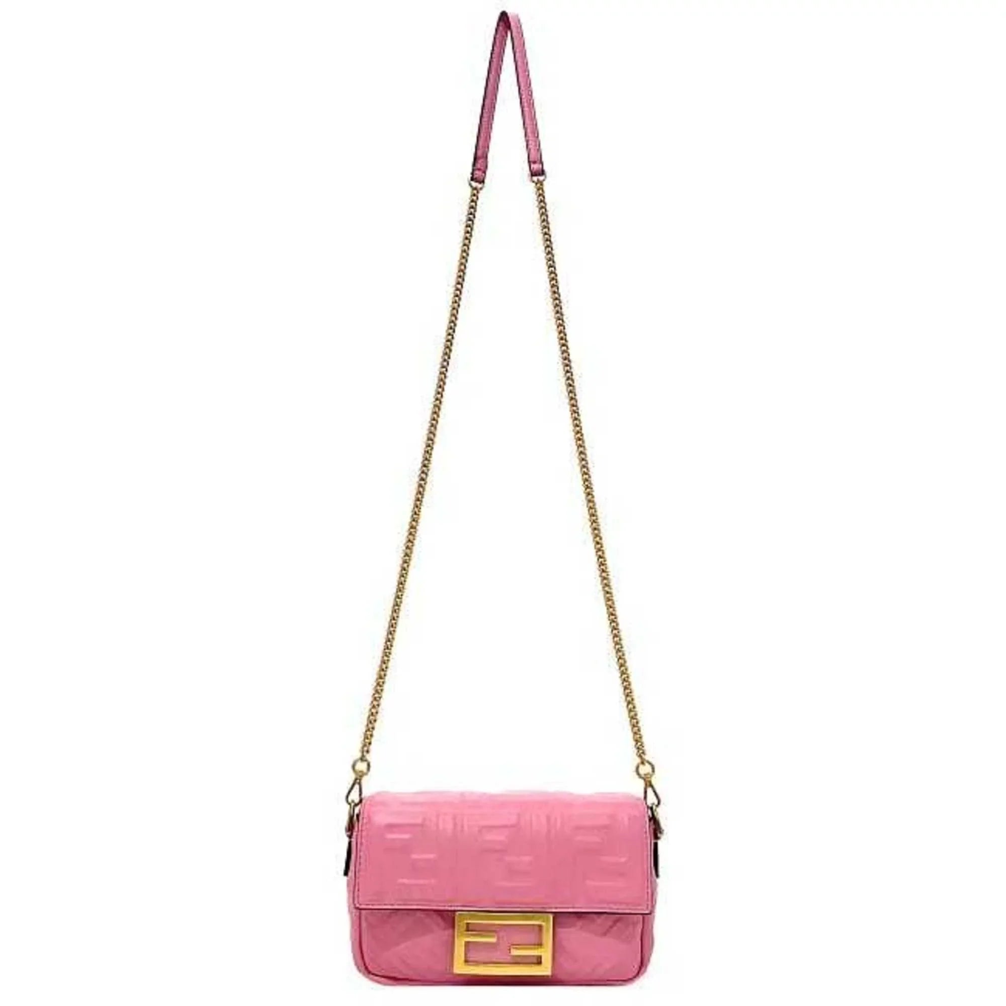 Pink FF Baguette Pre-Owned Chain FENDI Small 8BS017 Leather Shoulder (Like GP Embossed Ladies New) Gold Fendi Bag