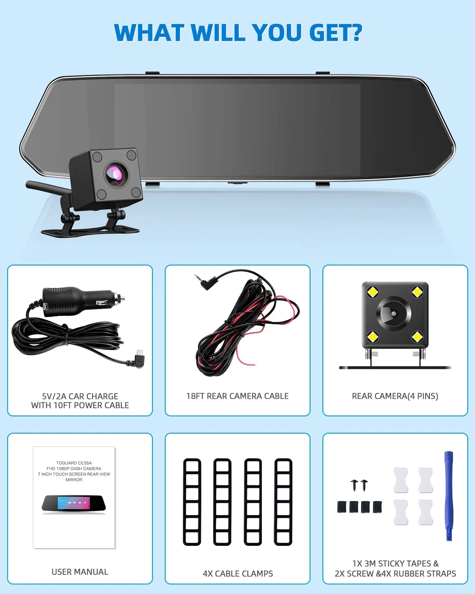 with Assistance Backup Camera Camera Motion Mirror FHD Cam Waterproof Mirror 7" 1080P Camera Detection TOGUARD Touchscreen Dual View Parking Car and Rear Front Dash Rear