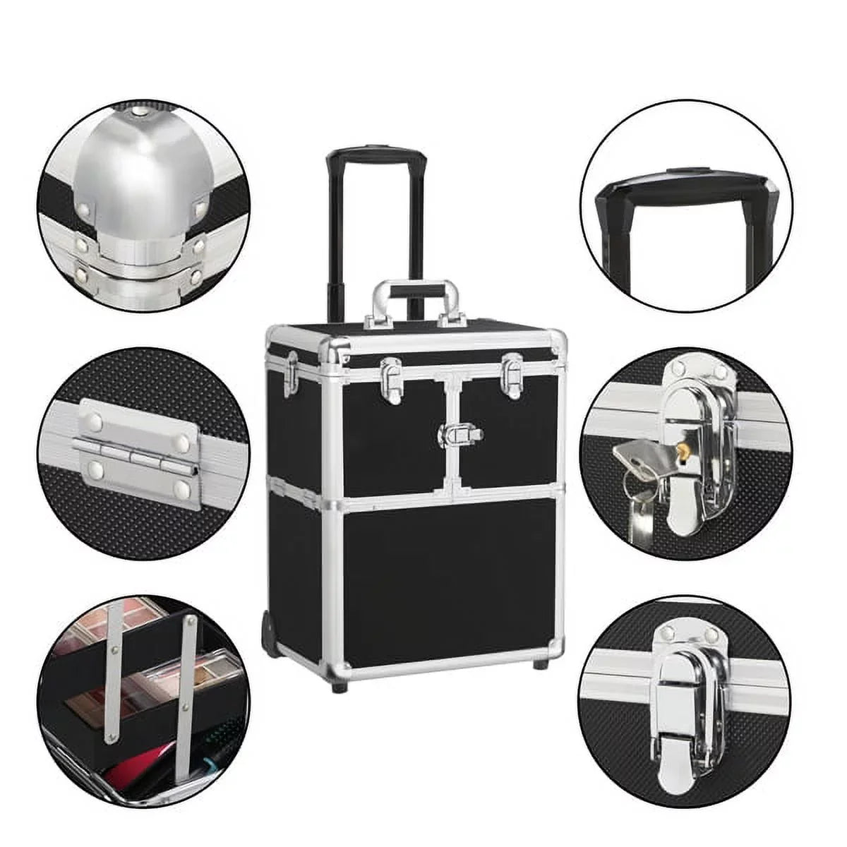 Trays, Wheels, Design Retractable Black Alden with Rolling Trolley Makeup Case Mirror, &