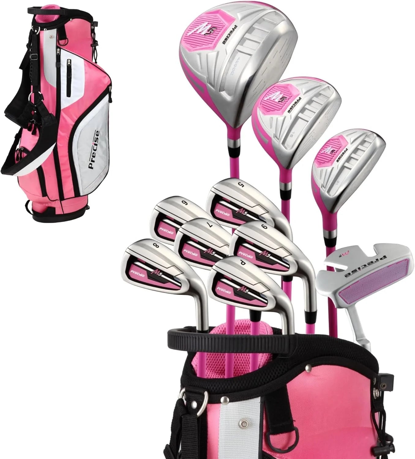 PreciseGolf Co. Precise M5 Dames Golf Club Set Complete Right Handed Inclusief Titanium Driver, S.S. Fairway, S.S. Hybrid, S.S. 5-Pw Iron Putter, Stand Bag, 3H/C'S Pink(Rechtshändig)