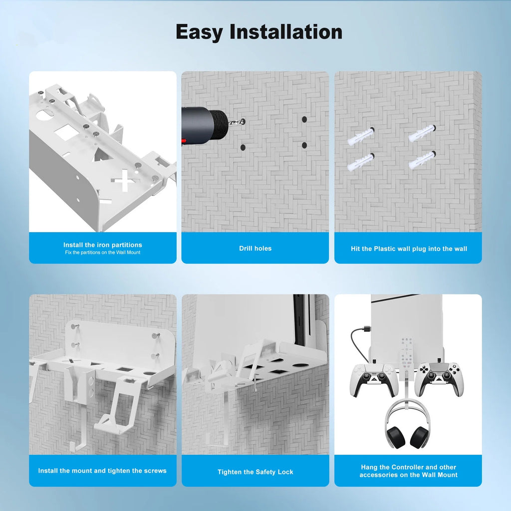 Space-Saving, Convenient Storage Iron Charging PS5 Cable Slim Set and Dual Bracket Wall Secure, with Mount Durable for