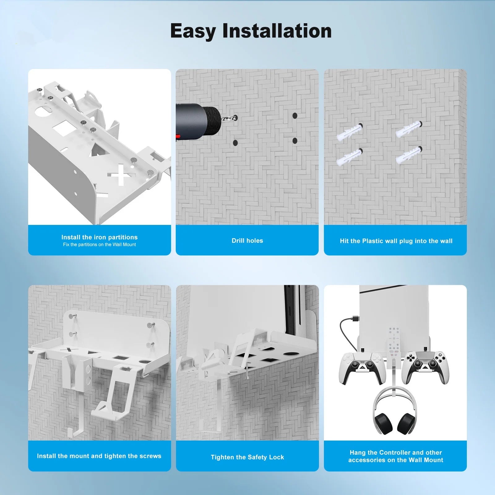 Space-Saving, Convenient Storage Iron Charging PS5 Cable Slim Set and Dual Bracket Wall Secure, with Mount Durable for