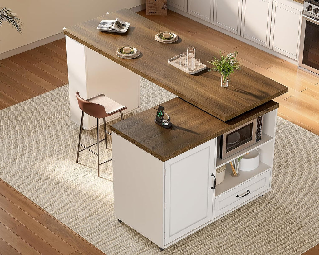 RALGEND Rolling Kitchen Island with 360Â° Swivel Tabletop, Large Kitchen Island Table with Power Outlet, Mobile Kitchen Island Cart with Storage Cabinets for Kitchen & Office, White and Walnut