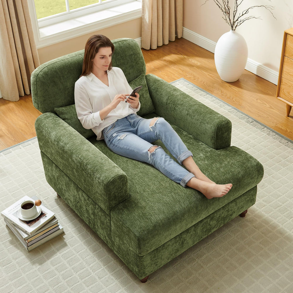 Oversized Chaise Lounge Chair with Adjustable Backrest, Polyester White