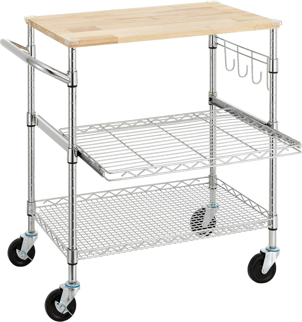 Finnhomy 3-Tier Rolling Kitchen Cart With 18" D x 30" W Oak Wood Tabletop, Kitchen Island With 4" Wheels and Slider Shelf, Microwave & Coffee Cart With Hooks for Dining Room, Chrome