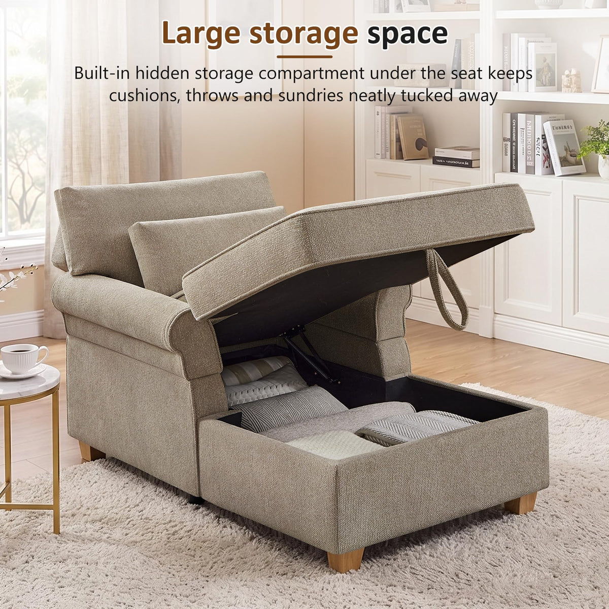 63.39" Oversized Chaise Lounge Chair with Storage, Chenille Beige