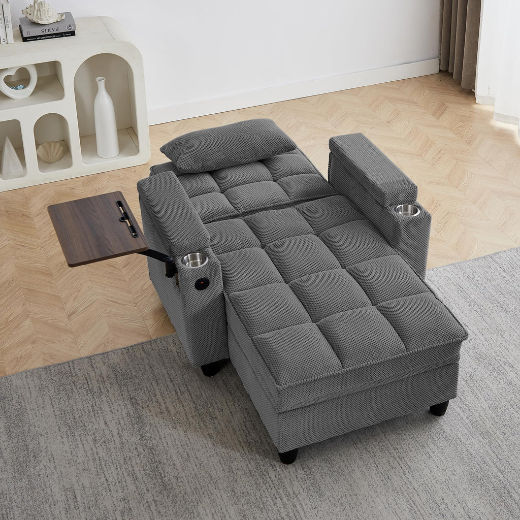 KEIKI 41.7" Convertible Sofa Bed Chair, Adjustable Backrest Recliner Chaise Lounge with USB Ports, Cup Holder, Storage Armrest and Swivel Table, Space Saving Sleeper Sofa for Studio, Dorm
