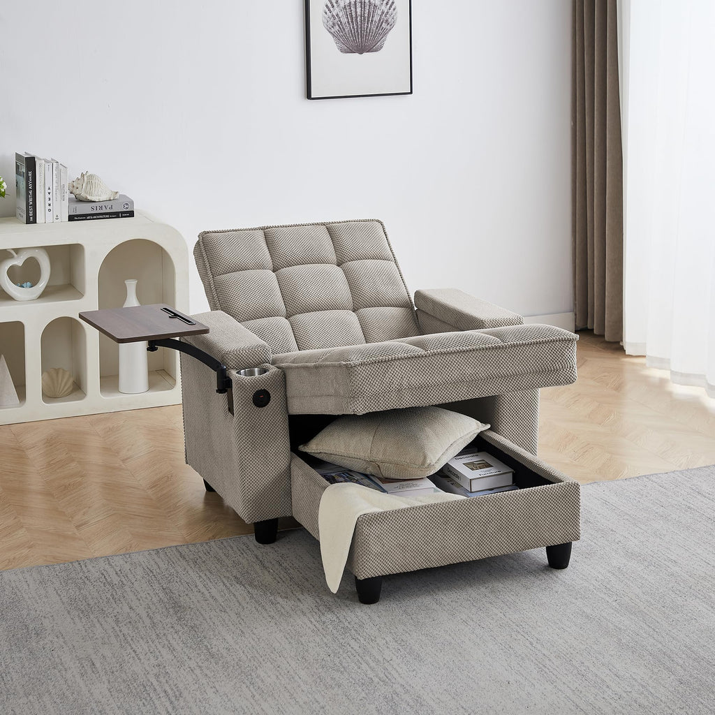 KEIKI 41.7" Convertible Sofa Bed Chair, Adjustable Backrest Recliner Chaise Lounge with USB Ports, Cup Holder, Storage Armrest and Swivel Table, Space Saving Sleeper Sofa for Studio, Dorm