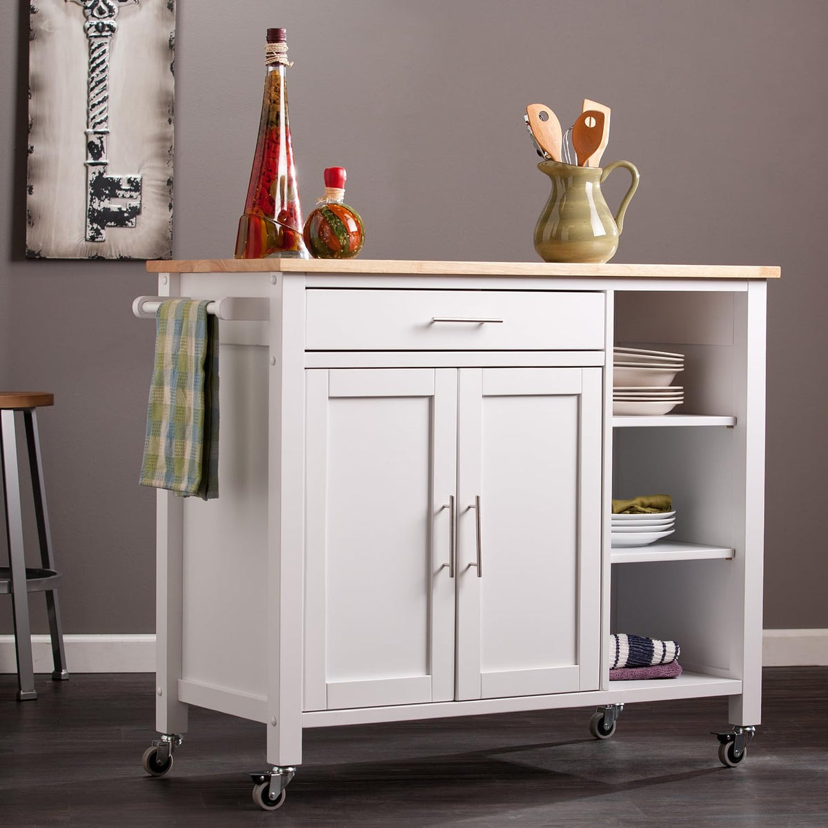 SEI Furniture - Martinville Kitchen Cart - White - Engineered Wood & Iron Metal - Transitional Design - Ideal for Kitchens, Kitchen Islands, Dining Rooms, 42" W x 19" D x 35" H (KA3277)