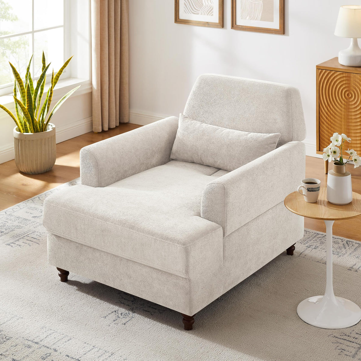 Oversized Chaise Lounge Chair with Adjustable Backrest, Polyester White
