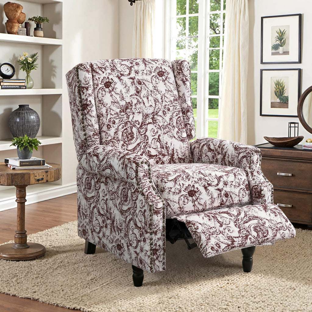Wingback Floral Pushback Recliner Chair, Plants Beige, Set of 2