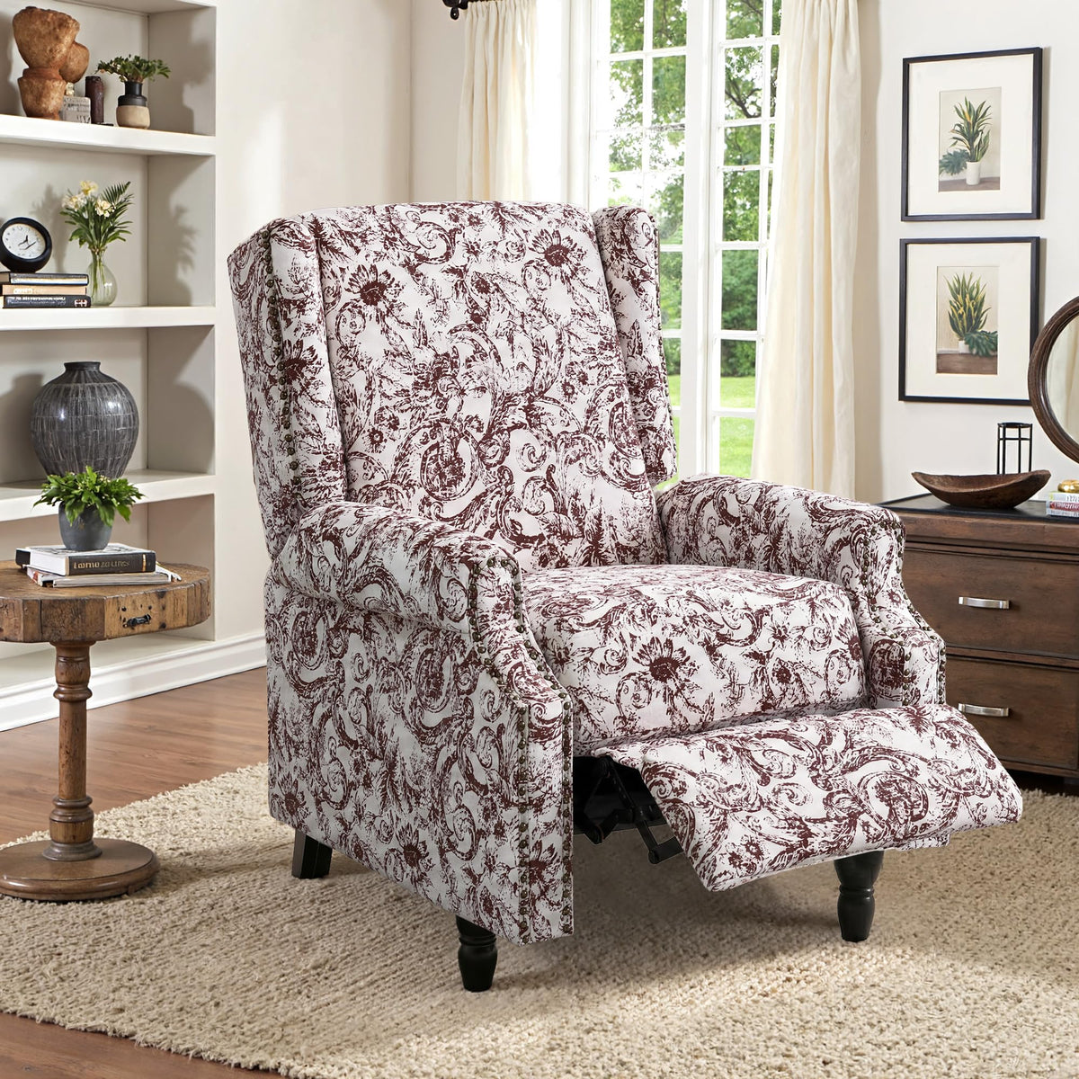 Wingback Floral Pushback Recliner Chair, Plants Beige, Set of 2