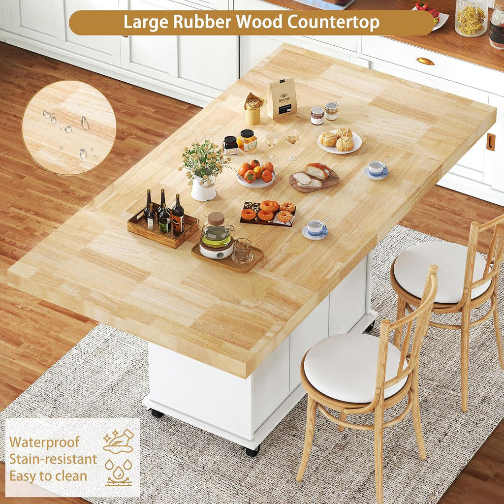 62.8" Rolling Kitchen Island with Double Drop Leaf Rubberwood Countertop, Mobile Kitchen Cart with Storage Cabinet & Lockable Wheels, Space-Saving Foldable Kitchen Prep Station for Dining Room, White