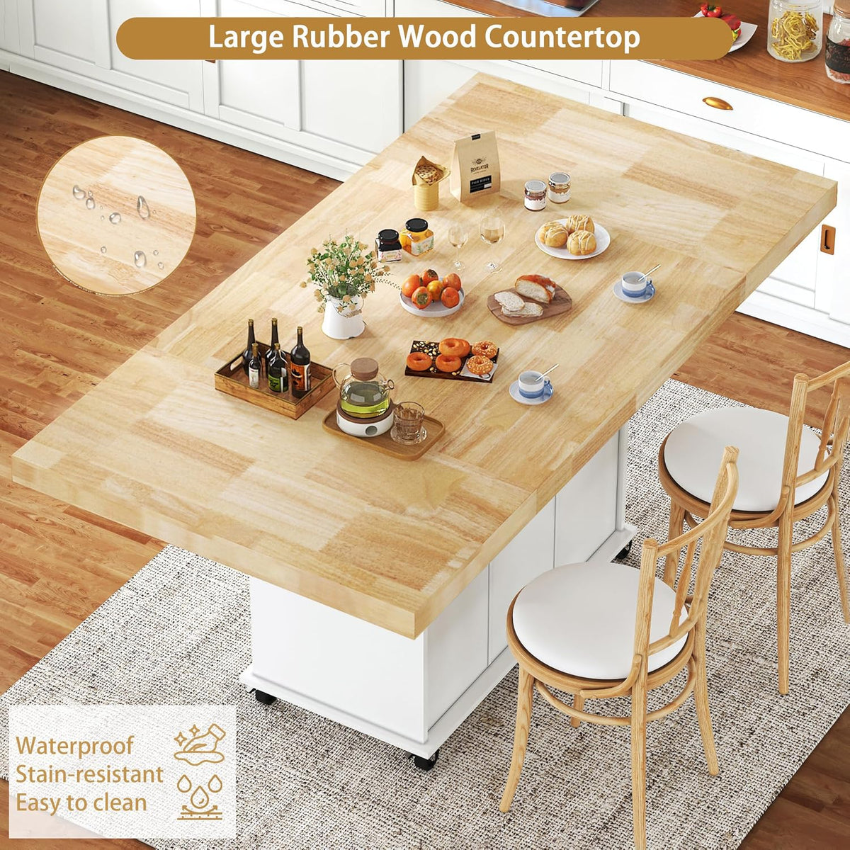 62.8" Rolling Kitchen Island with Double Drop Leaf Rubberwood Countertop, Mobile Kitchen Cart with Storage Cabinet & Lockable Wheels, Space-Saving Foldable Kitchen Prep Station for Dining Room, White