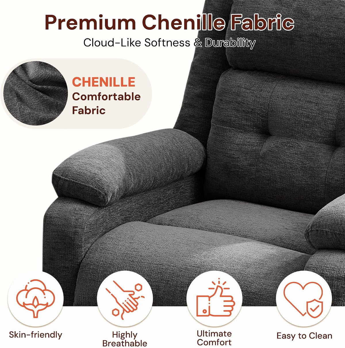 Korser Power Recliner Chair for Adults, Oversized Electric Recliner with Thickened Cushions, Reclining Chair for Bedroom, Living Room Chairs with Side Pockets, Chenille