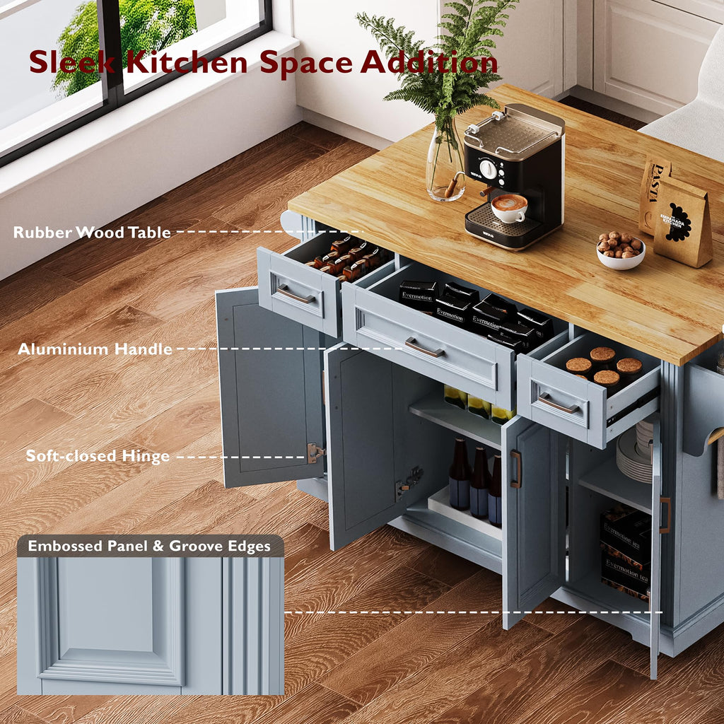 53" Large Kitchen Island with Drop Leaf & Power Outlet, Rolling Kitchen Cart on 5 Wheels with Internal Door Storage Rack, 5 Open Side Racks, 3 Drawers, 2 Doors for Kitchen Dining Room
