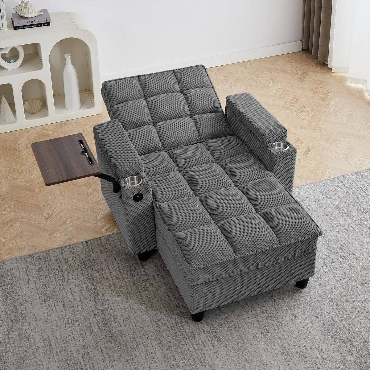 KEIKI 41.7" Convertible Sofa Bed Chair, Adjustable Backrest Recliner Chaise Lounge with USB Ports, Cup Holder, Storage Armrest and Swivel Table, Space Saving Sleeper Sofa for Studio, Dorm