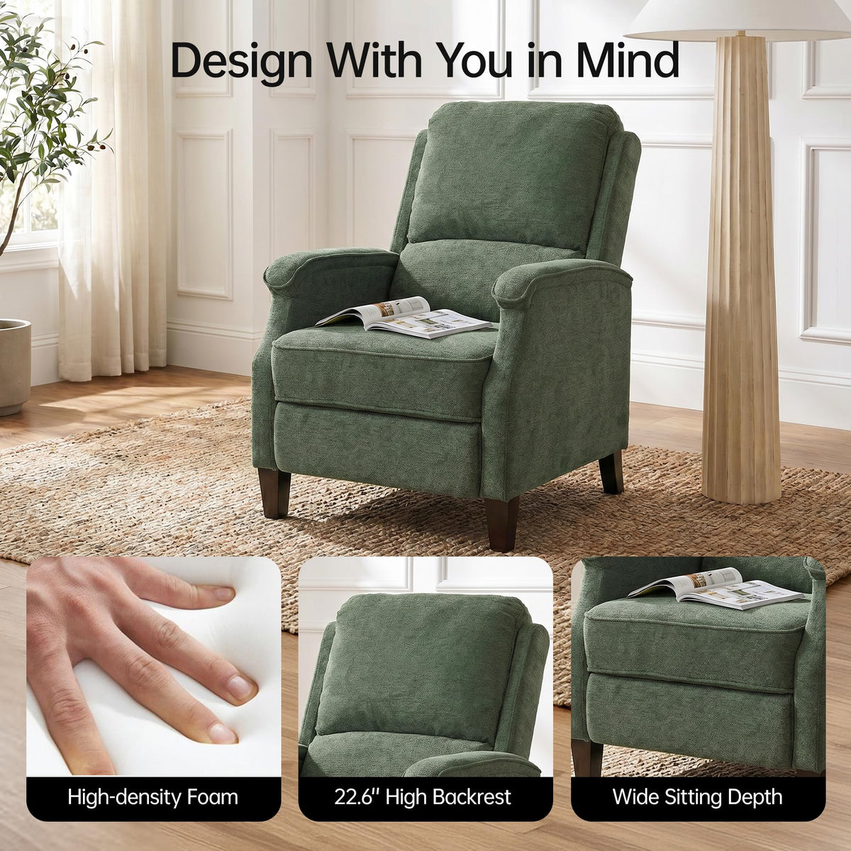 VKNOW Recliner Chair, Fabric Recliner with Adjustable Back, Brown