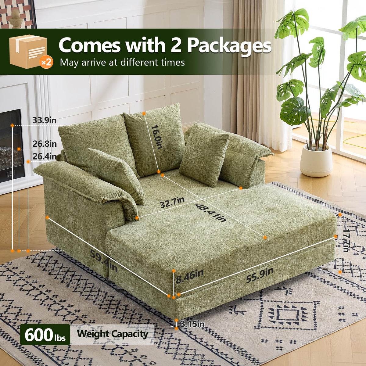VINGLI 56" Wide Oversized Chaise Lounge Chair with Plush Padded Armrests