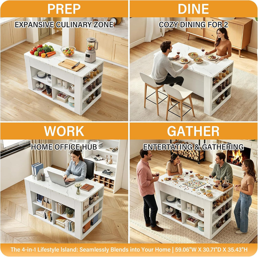 59" Kitchen Island with Storage & Seating for 2, Modern Stationary Kitchen Island with Faux Marble Top, 2 Drawers, Open Shelves & 5 Hooks, Counter Height Prep Table for Dining & Kitchen (White)