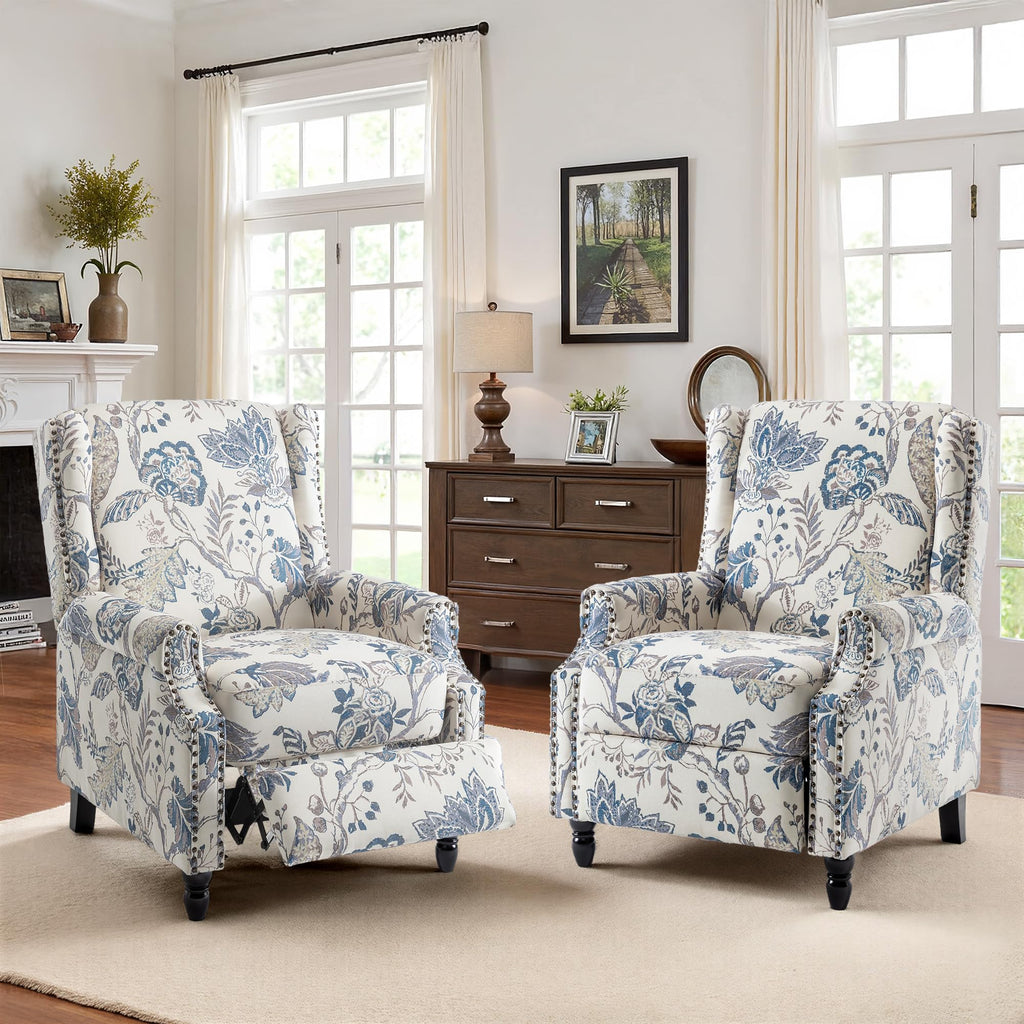 Wingback Floral Pushback Recliner Chair, Plants Beige, Set of 2