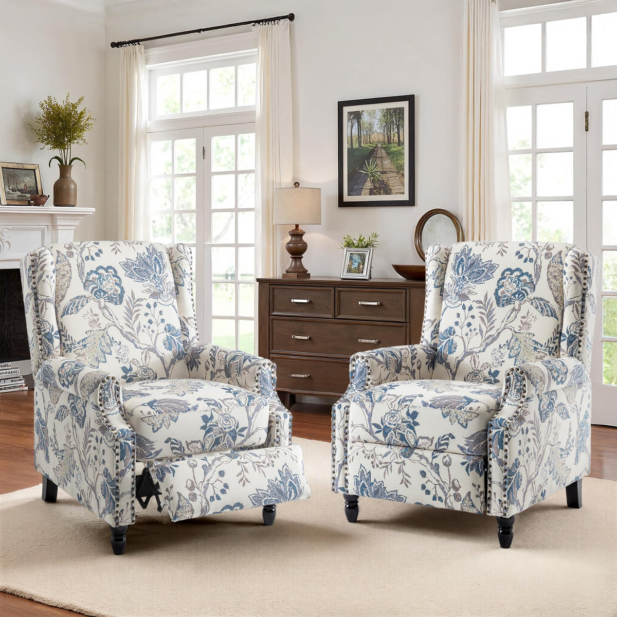 Wingback Floral Pushback Recliner Chair, Plants Beige, Set of 2