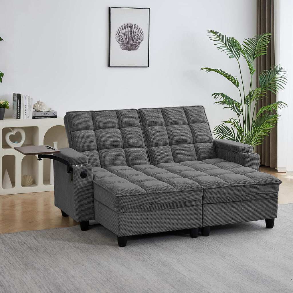 KEIKI 41.7" Convertible Sofa Bed Chair, Adjustable Backrest Recliner Chaise Lounge with USB Ports, Cup Holder, Storage Armrest and Swivel Table, Space Saving Sleeper Sofa for Studio, Dorm