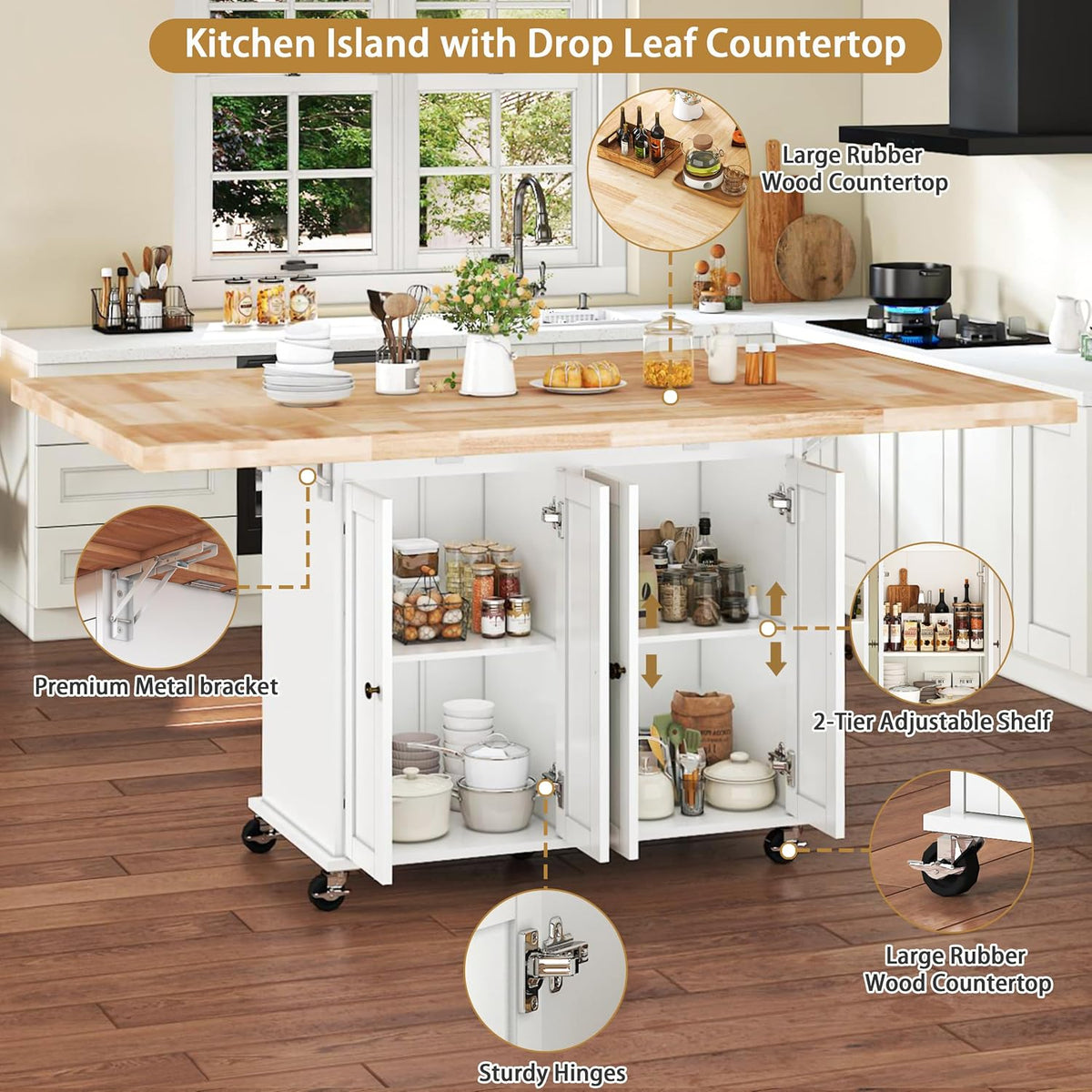 62.8" Rolling Kitchen Island with Double Drop Leaf Rubberwood Countertop, Mobile Kitchen Cart with Storage Cabinet & Lockable Wheels, Space-Saving Foldable Kitchen Prep Station for Dining Room, White