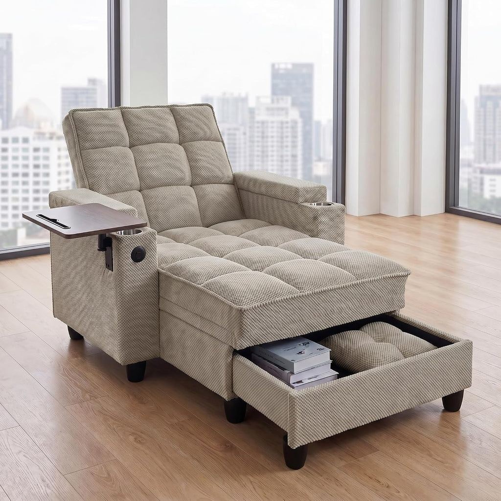 Convertible Sleeper Chair, Pull Out Sofa Bed with Adjustable Backrest & Hidden Storage Armrest, Single Sofa Recliner with USB Charging Port & Cup Holders for Living Room, Bedroom, Khaki
