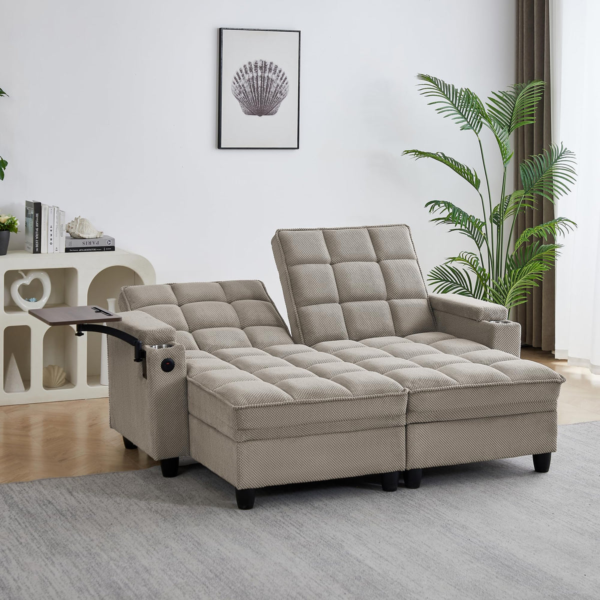 KEIKI 41.7" Convertible Sofa Bed Chair, Adjustable Backrest Recliner Chaise Lounge with USB Ports, Cup Holder, Storage Armrest and Swivel Table, Space Saving Sleeper Sofa for Studio, Dorm