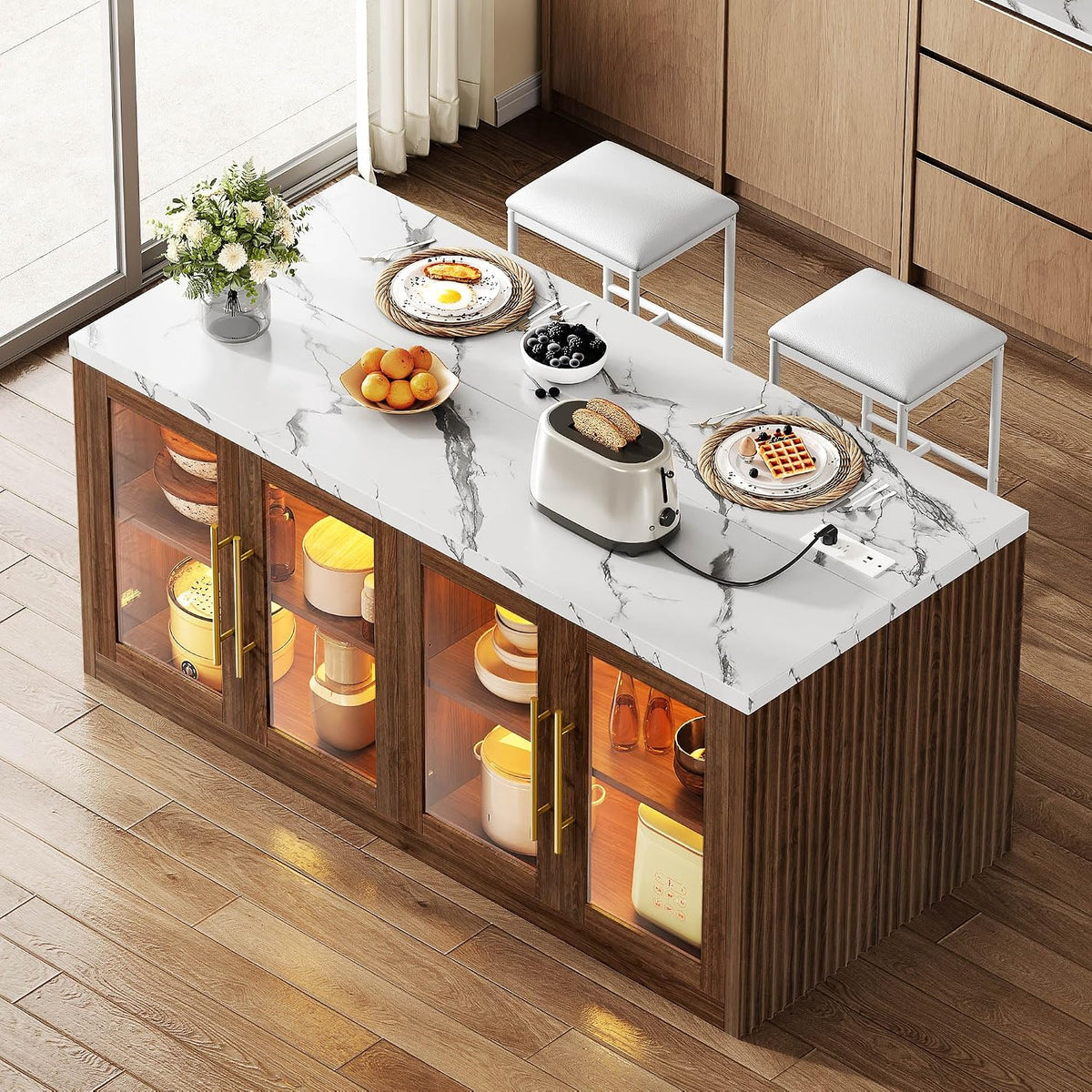 Kitchen Island with Storage, 55" Large Island Table with LED Light