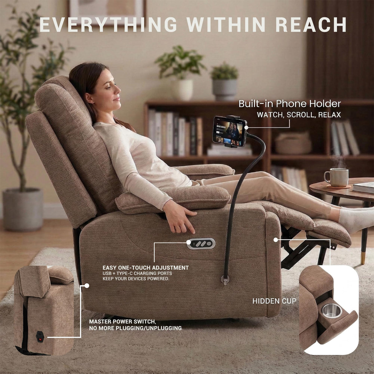 Oversized Dual Motor Recliner Power Lift Chair for Elderly Big Tall, Zero-Gravity Power Recliner Sofa, 350lbs Heavy Duty Seat with 4D Armrests, Phone Slot, Full Lay-Flat Positioning, Gray