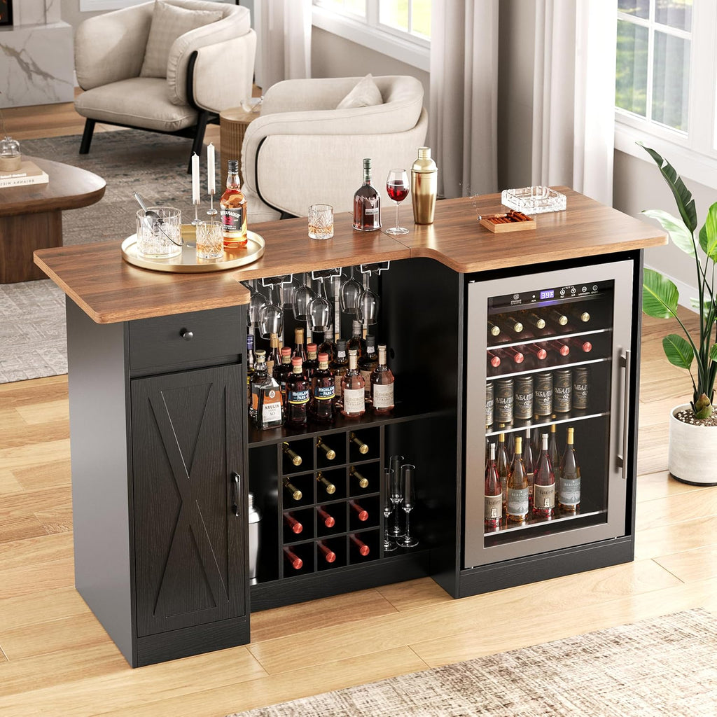 72" U-Shape Liquor Cabinet with Fridge Space, Bar Table with Wine Rack Glass Holder, Wine Bar Cabinet with Storage, Home Bar Cabinet for Man Cave Home Pub Basement Living Room, Black LRBT001B