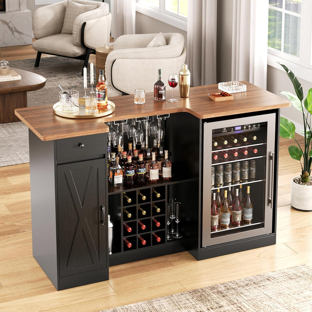 72" U-Shape Liquor Cabinet with Fridge Space, Bar Table with Wine Rack Glass Holder, Wine Bar Cabinet with Storage, Home Bar Cabinet for Man Cave Home Pub Basement Living Room, Black LRBT001B