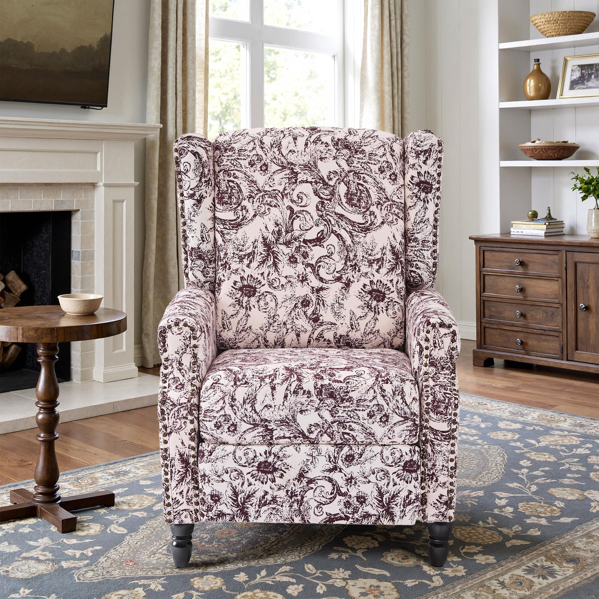 Wingback Floral Pushback Recliner Chair, Plants Beige, Set of 2
