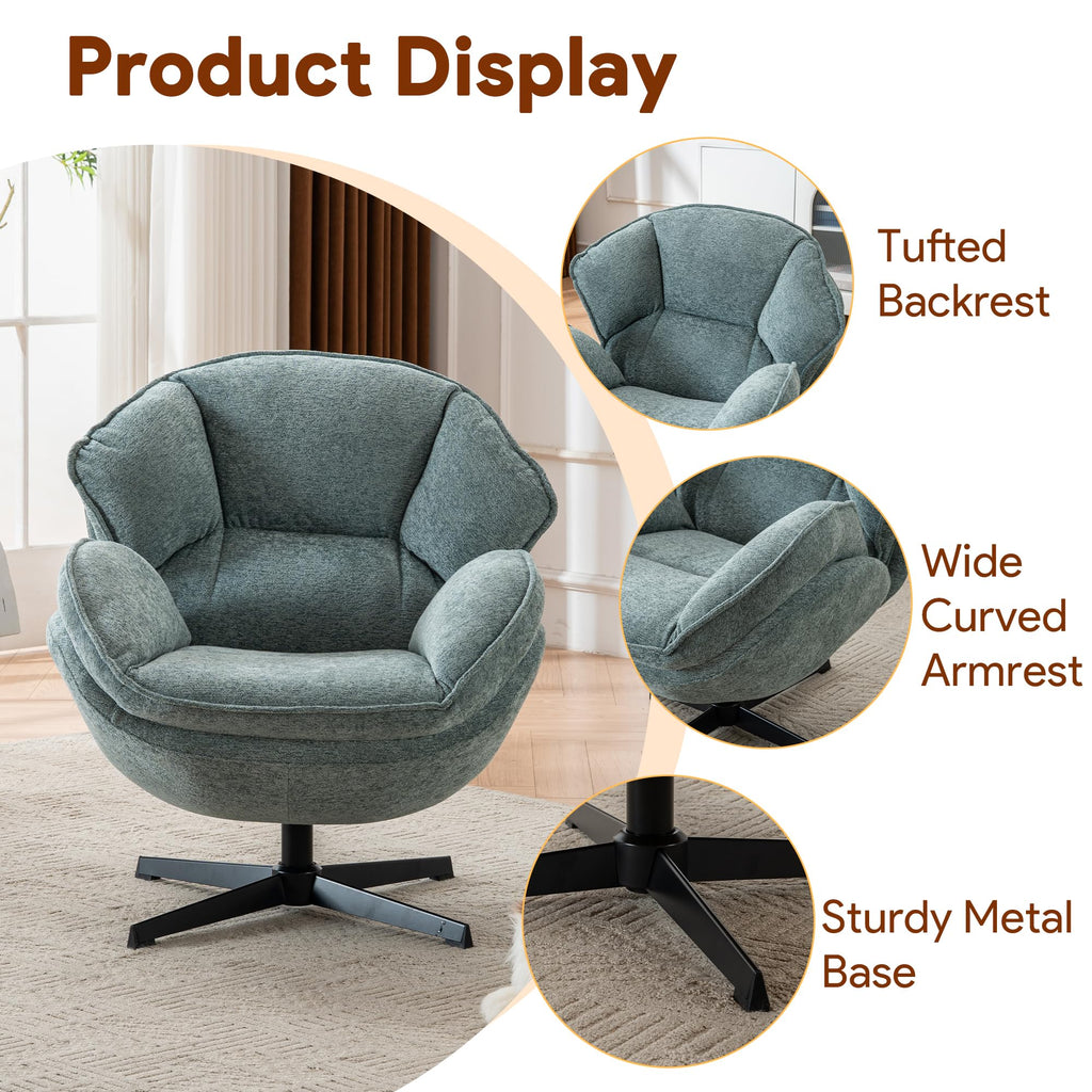 Swivel Accent Chair, Modern Recliner Lounge Chair with Metal Base Frame, Comfy Tufted Armchair for Living Room, Bedroom, Home Office, Brown