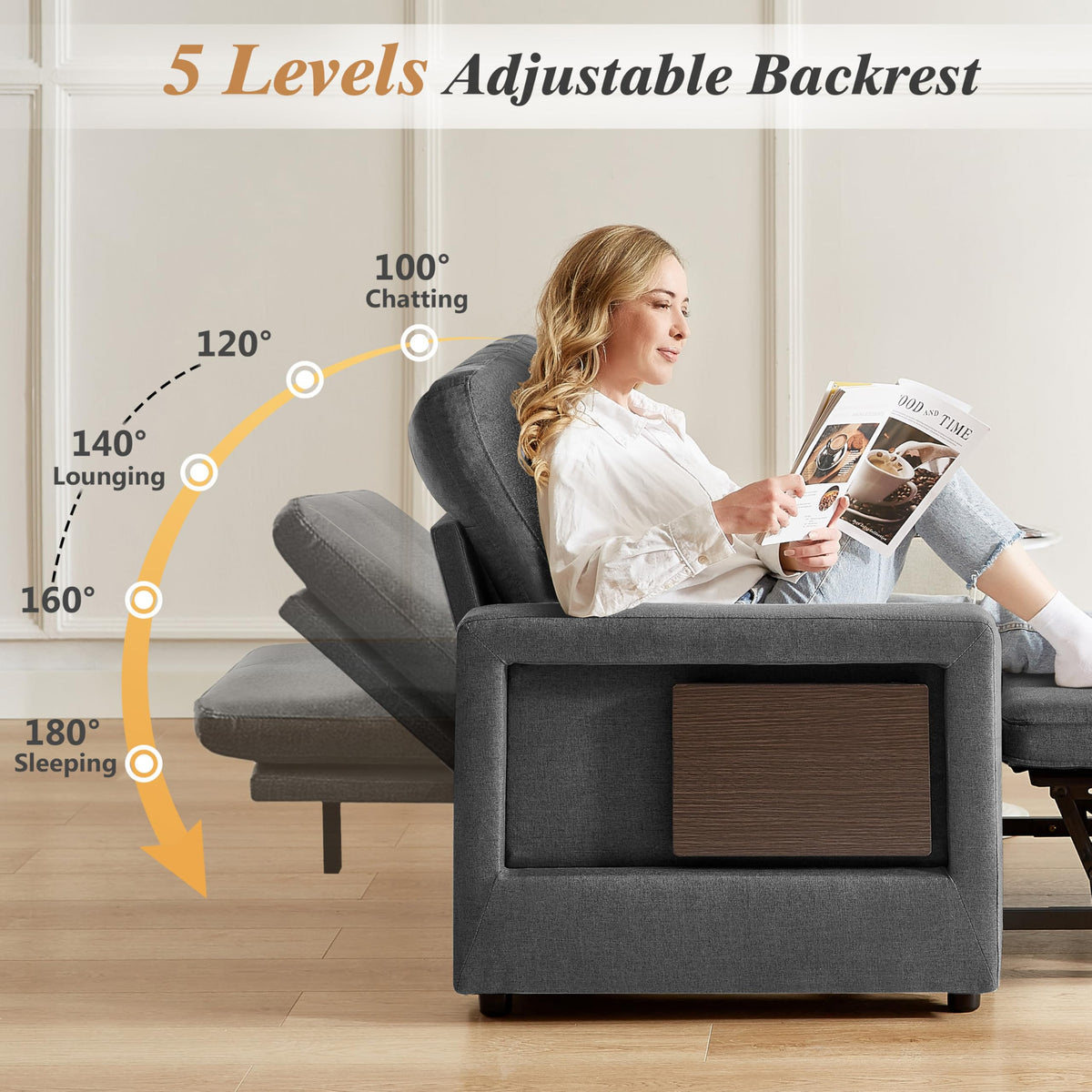 WEUP 3-in-1 Sleeper Sofa Chair Bed, 42.5" W Convertible Sleeper Chair with Pull Out Bed, USB Charging Ports & Wing Table, Cup Holder, Adjustable Backrest, Side Pockets (Premium, Beige)