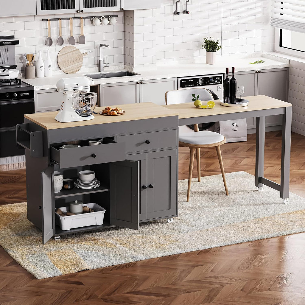 Merax 74.5" Kitchen Island with Extendable Dining Table, Rolling Kitchen Storage Cart on Wheels with Spice Rack & 2 Drawers & 4 Door Cabinet for Dining Room, Gray