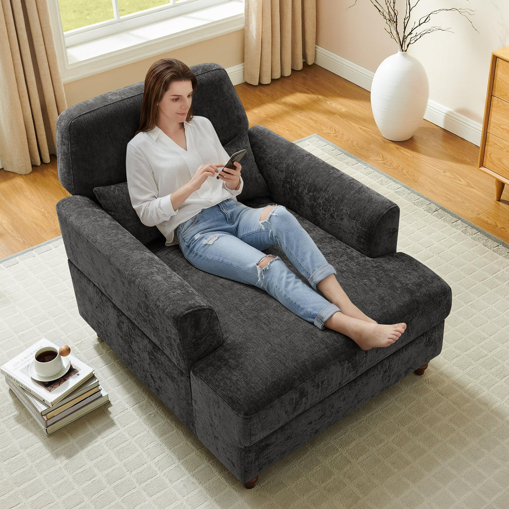Oversized Chaise Lounge Chair with Adjustable Backrest, Polyester White