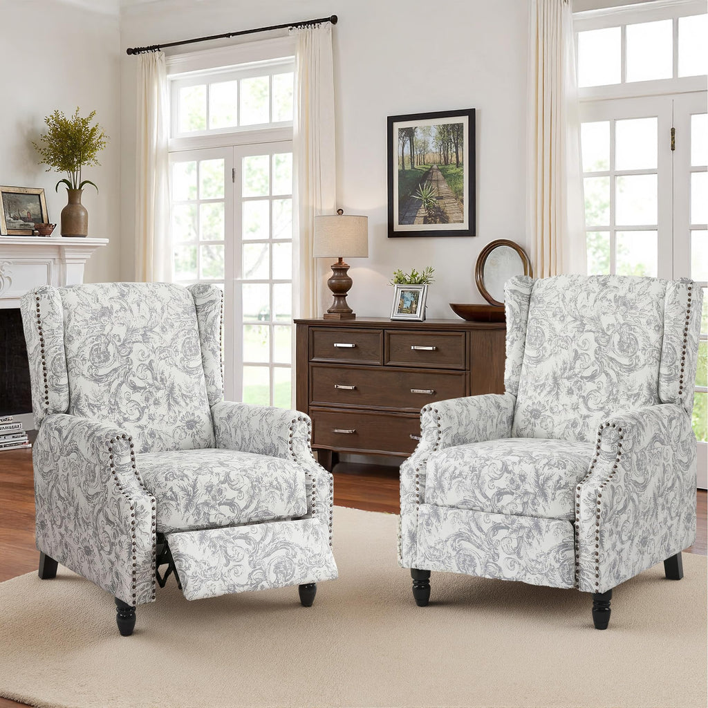 Wingback Floral Pushback Recliner Chair, Plants Beige, Set of 2