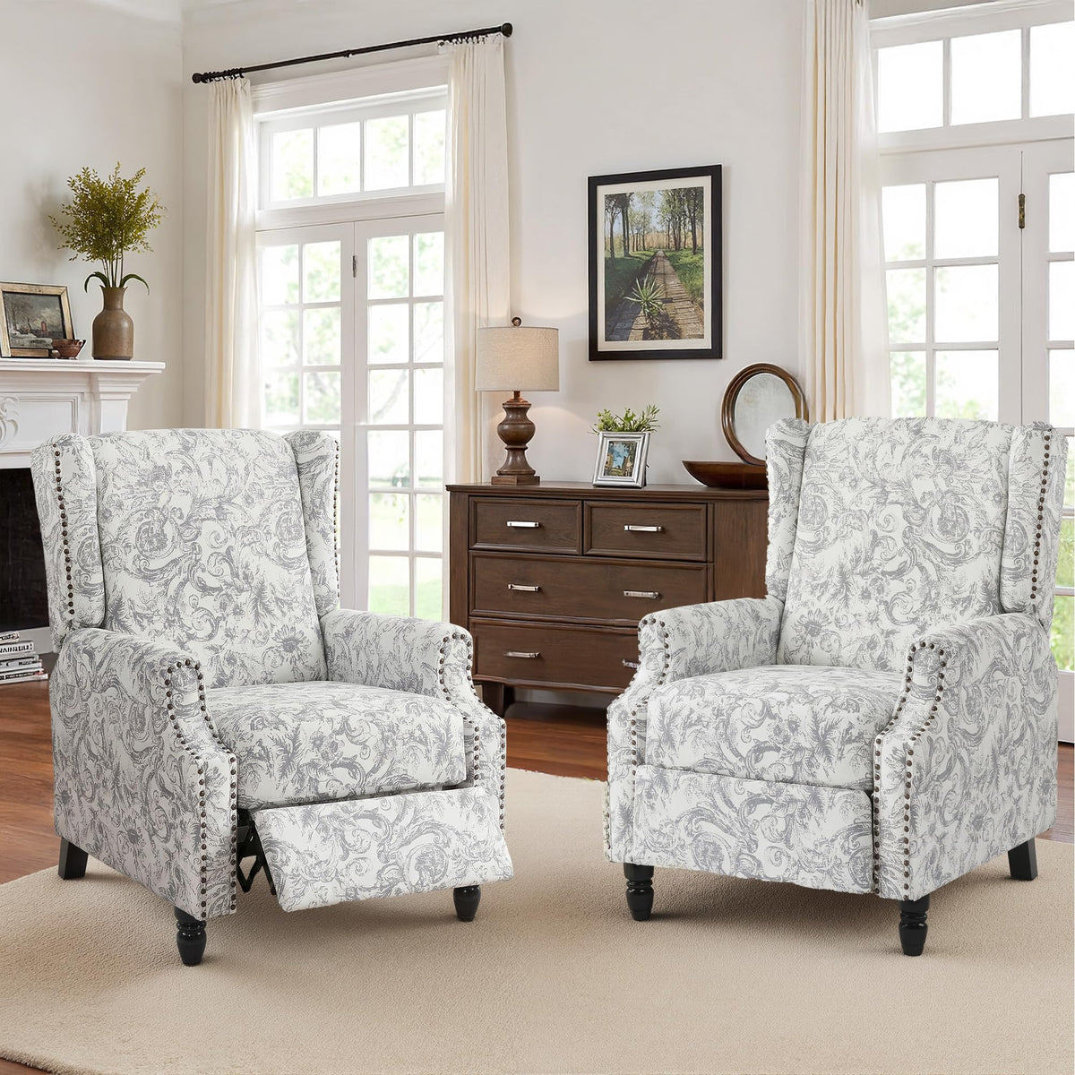 Wingback Floral Pushback Recliner Chair, Plants Beige, Set of 2