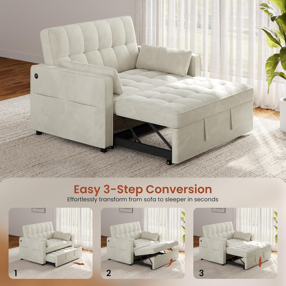 Yaheetech 3 in 1 Sofa Bed Convertible Sleeper Sofa with USB Ports, Beige