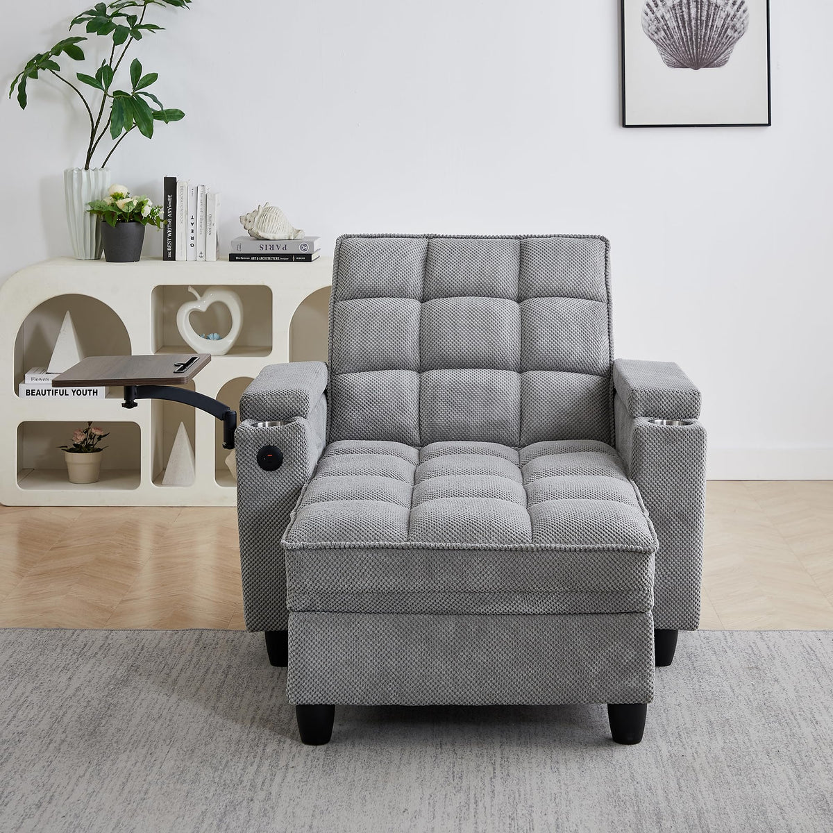KEIKI 41.7" Convertible Sofa Bed Chair, Adjustable Backrest Recliner Chaise Lounge with USB Ports, Cup Holder, Storage Armrest and Swivel Table, Space Saving Sleeper Sofa for Studio, Dorm