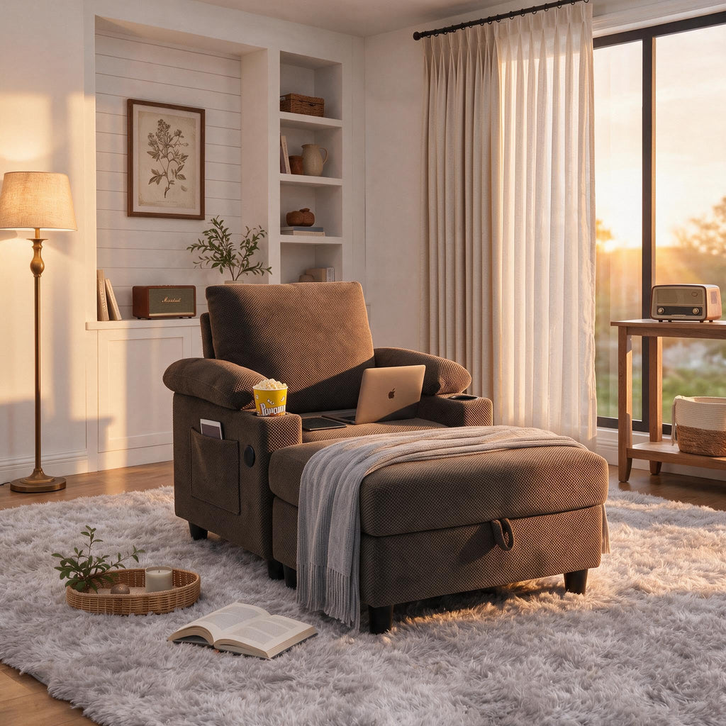 Convertible Sleeper Chair, Pull Out Sofa Bed with Adjustable Backrest & Hidden Storage Armrest, Single Sofa Recliner with USB Charging Port & Cup Holders for Living Room, Bedroom, Dark Gray
