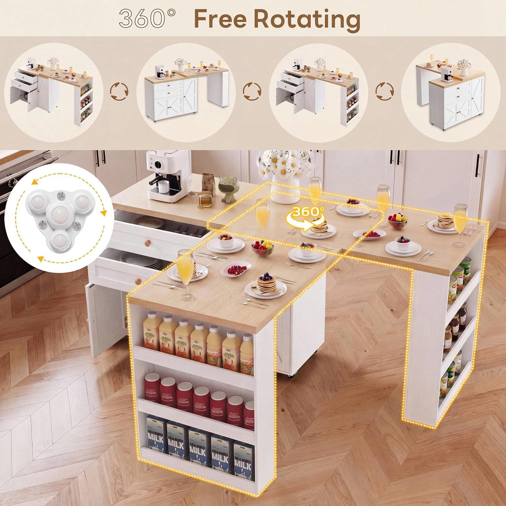 IRONCK Rolling Kitchen Island with 360Â° Swivel Table and Storage, White