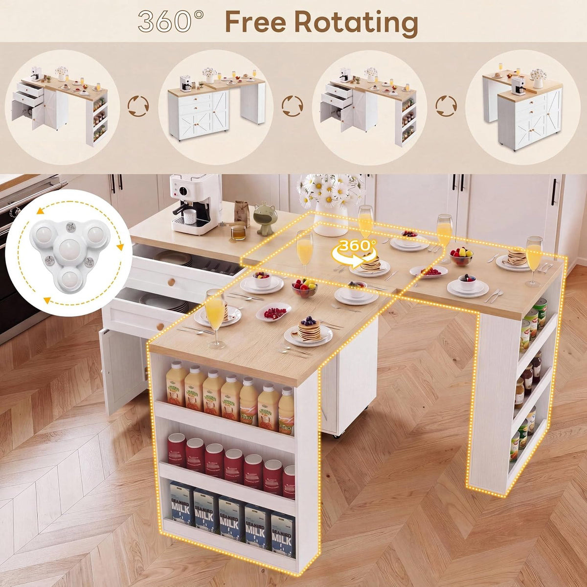 IRONCK Rolling Kitchen Island with 360Â° Swivel Table and Storage, White