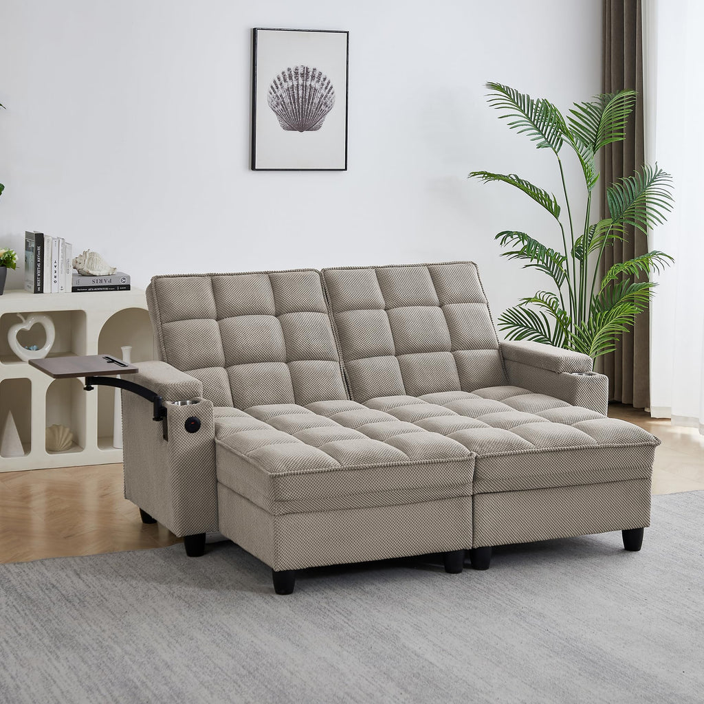 KEIKI 41.7" Convertible Sofa Bed Chair, Adjustable Backrest Recliner Chaise Lounge with USB Ports, Cup Holder, Storage Armrest and Swivel Table, Space Saving Sleeper Sofa for Studio, Dorm