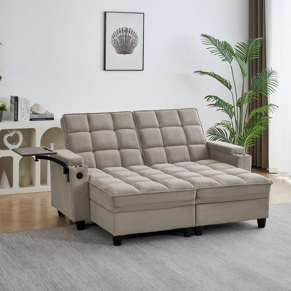 KEIKI 41.7" Convertible Sofa Bed Chair, Adjustable Backrest Recliner Chaise Lounge with USB Ports, Cup Holder, Storage Armrest and Swivel Table, Space Saving Sleeper Sofa for Studio, Dorm