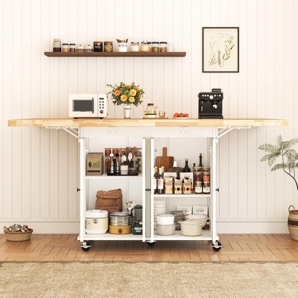 62.8" Rolling Kitchen Island with Double Drop Leaf Rubberwood Countertop, Mobile Kitchen Cart with Storage Cabinet & Lockable Wheels, Space-Saving Foldable Kitchen Prep Station for Dining Room, White