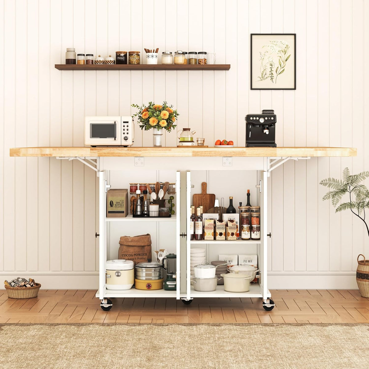 62.8" Rolling Kitchen Island with Double Drop Leaf Rubberwood Countertop, Mobile Kitchen Cart with Storage Cabinet & Lockable Wheels, Space-Saving Foldable Kitchen Prep Station for Dining Room, White